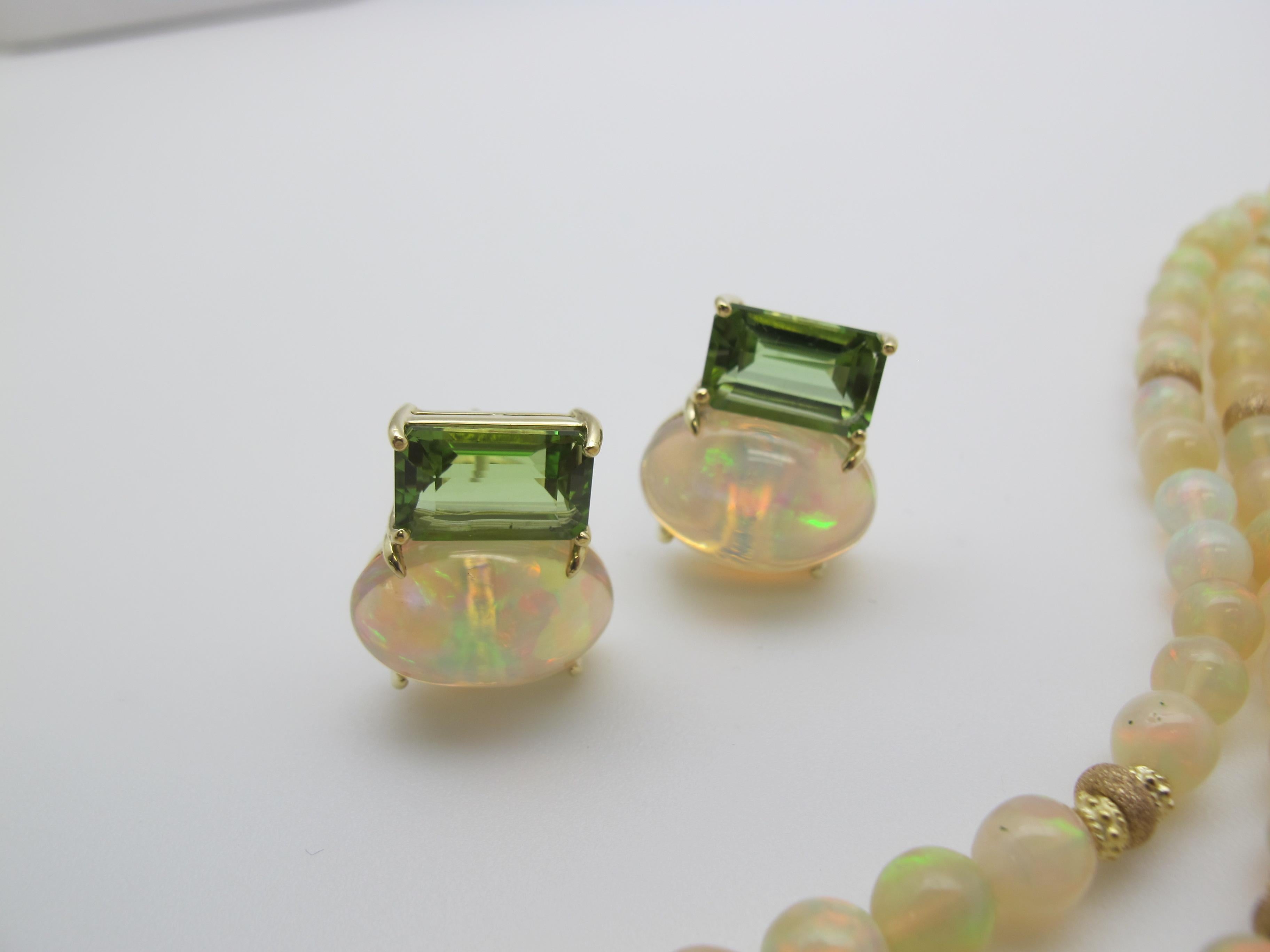 Women's Emerald Cut Peridot with 9.87 Carat Oval Opal 18 Karat Yellow Gold Earrings