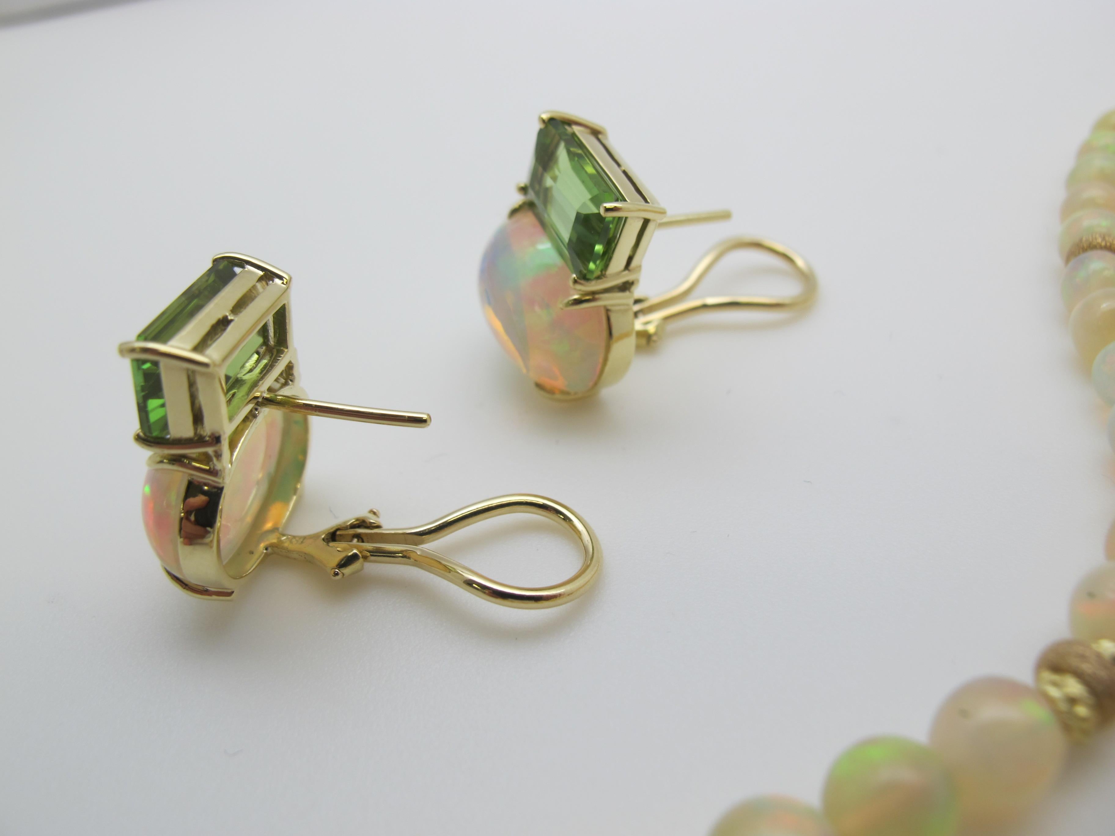 Emerald Cut Peridot with 9.87 Carat Oval Opal 18 Karat Yellow Gold Earrings 1