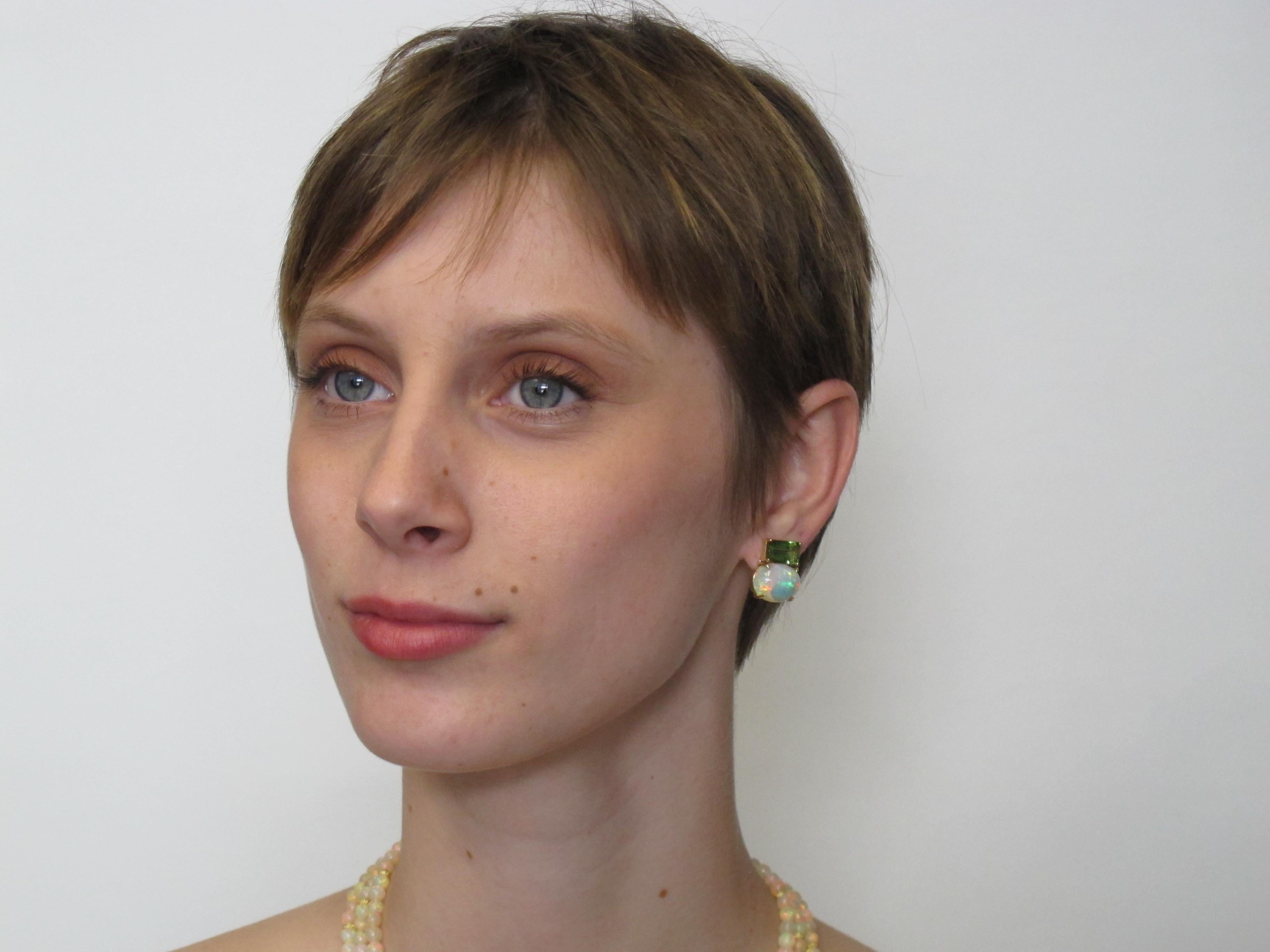 Artisan Emerald Cut Peridot with 9.87 Carat Oval Opal 18 Karat Yellow Gold Earrings