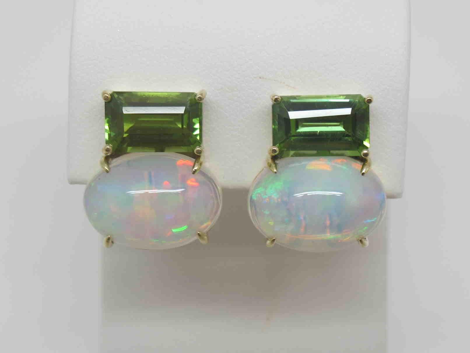 Oval Cut Emerald Cut Peridot with 9.87 Carat Oval Opal 18 Karat Yellow Gold Earrings