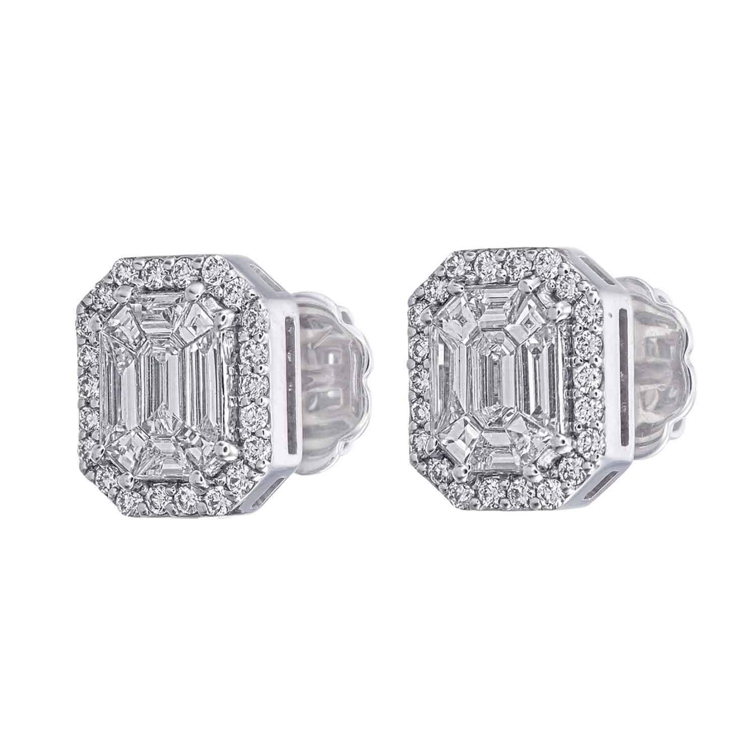 This beautiful 1.10 carat 'Emerald Pie Cut' Earring have carefully been fashioned using handmade techniques to give an illusion look of a 4 carat solitaire emerald earring pair; while costing you only 10% of the price of solitaire jewelry. 
All the