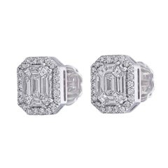 Emerald cut Pie cut diamond with a round diamond halo stud earrings