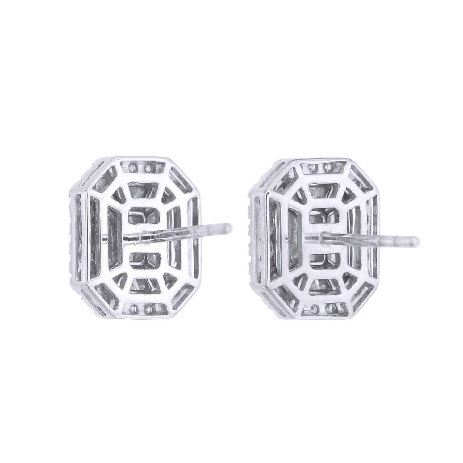Artisan Emerald cut Pie cut diamond with a round diamond halo stud earrings For Sale