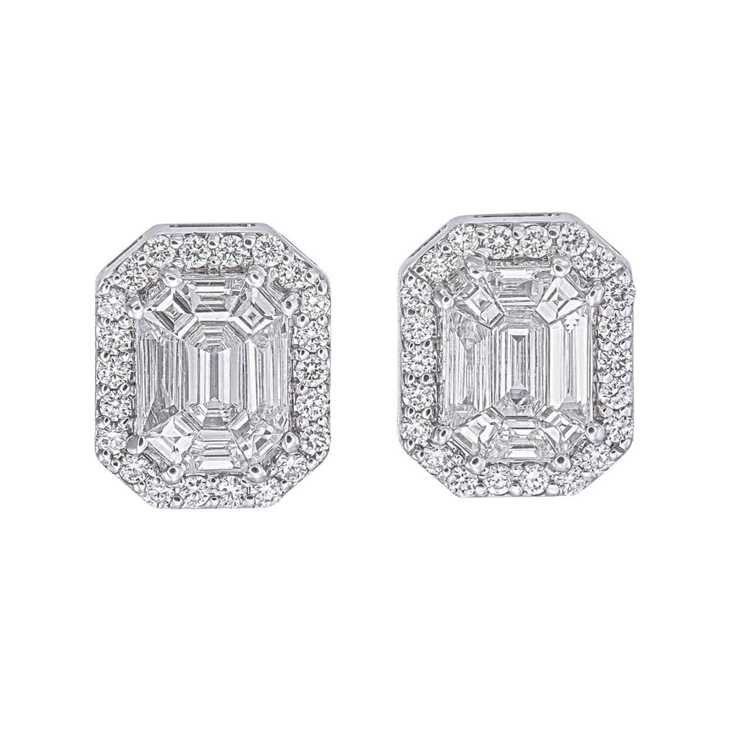 Emerald Cut Emerald cut Pie cut diamond with a round diamond halo stud earrings For Sale