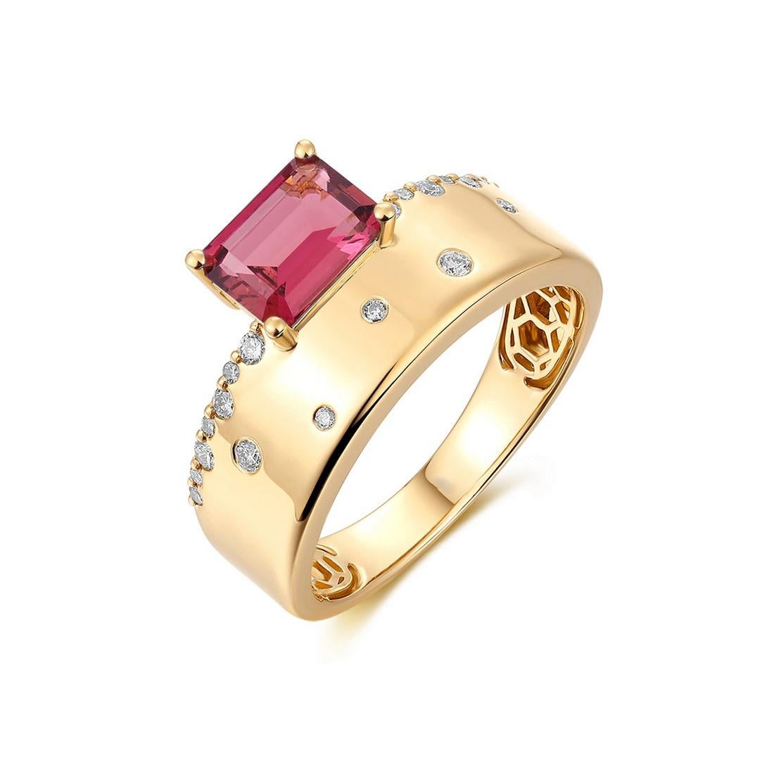 Im Angebot: Smaragd-Schliff Pink 14K (oder 18k auf Anfrage) Gelbgold Turmalin Diamant Ring () 4
