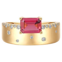 Anello in oro giallo con tormalina e diamante taglio smeraldo Pink Diamond 14K (o 18k su richiesta)