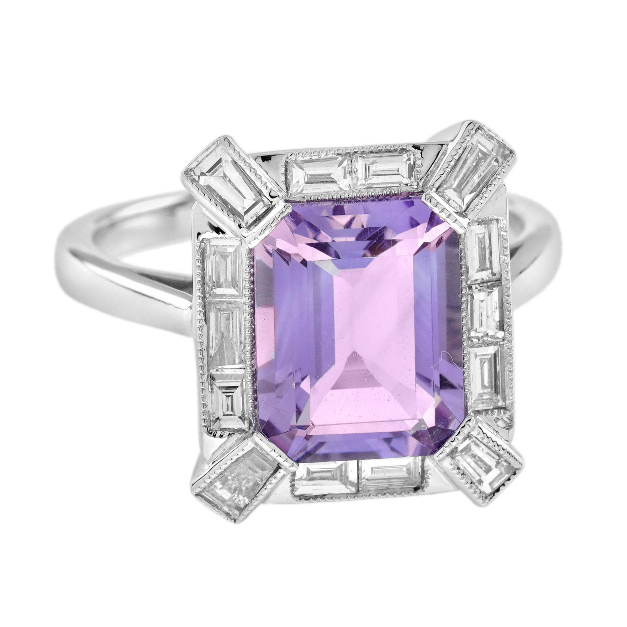 Emerald Cut Pink Amethyst and Diamond Halo Art Deco Style Ring in 14K White Gold In New Condition For Sale In Bangkok, TH