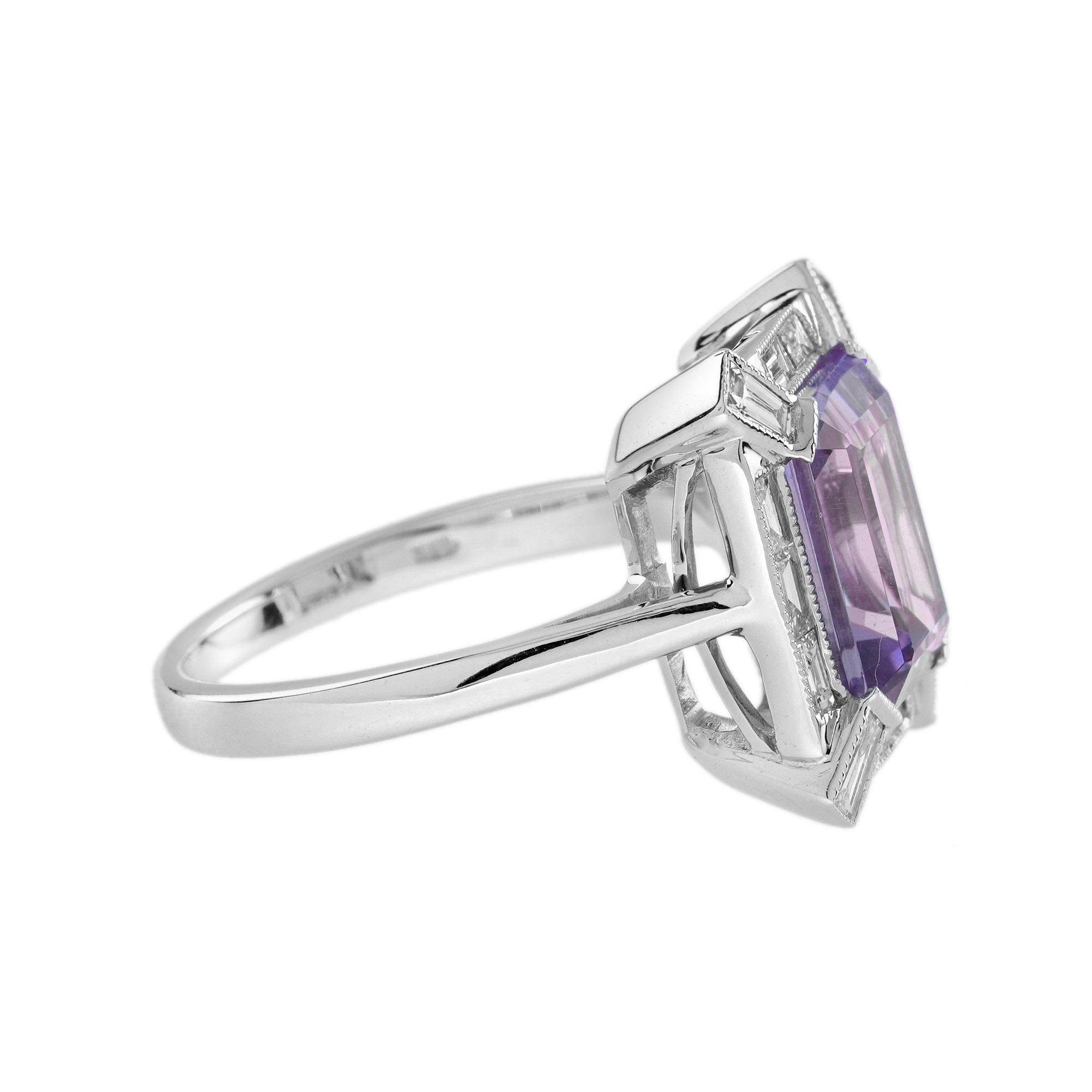 Women's Emerald Cut Pink Amethyst and Diamond Halo Art Deco Style Ring in 14K White Gold For Sale