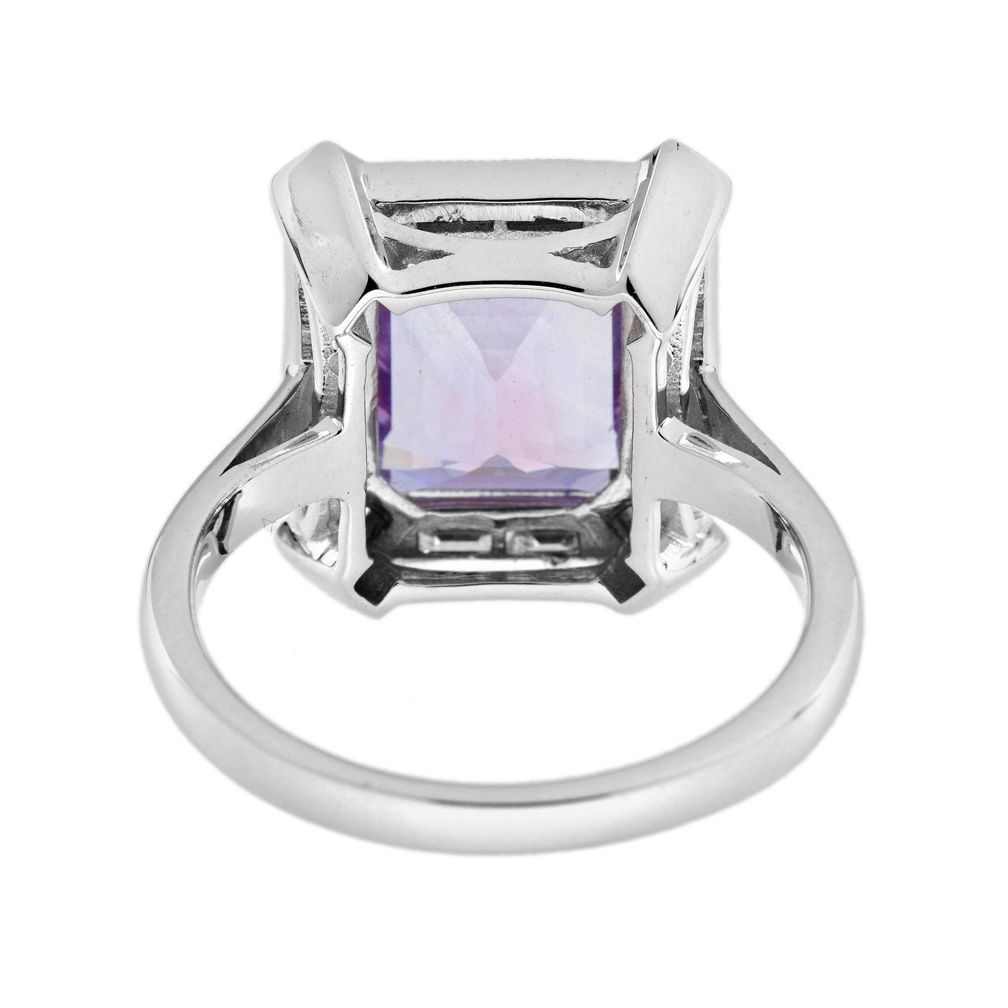 Emerald Cut Pink Amethyst and Diamond Halo Art Deco Style Ring in 14K White Gold For Sale 1