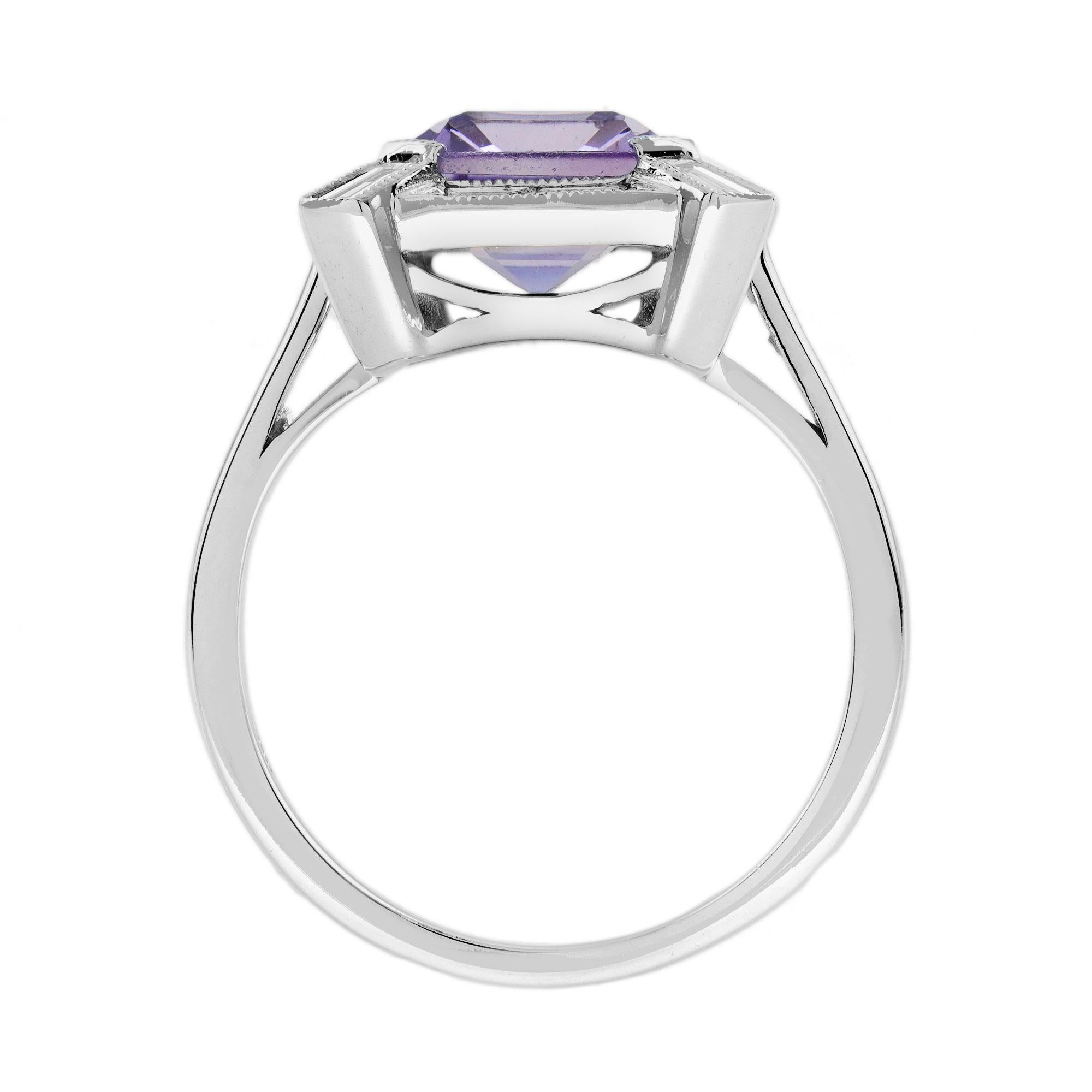 Emerald Cut Pink Amethyst and Diamond Halo Art Deco Style Ring in 14K White Gold For Sale 2