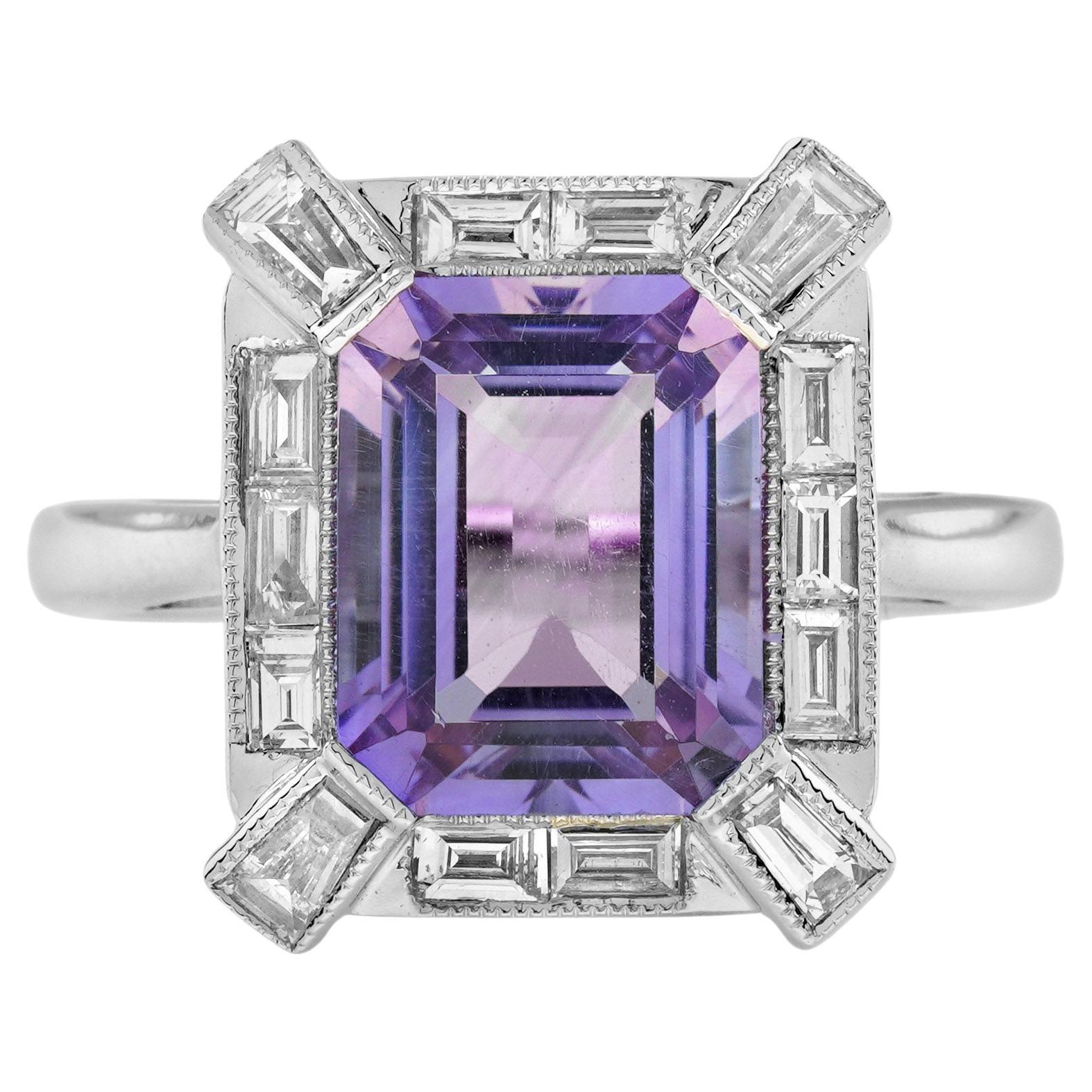 Emerald Cut Pink Amethyst and Diamond Halo Art Deco Style Ring in 14K White Gold For Sale