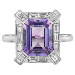 Vintage Emerald Cut Pink Amethyst and Diamond Halo Art Deco Style Ring in 14K White Gold