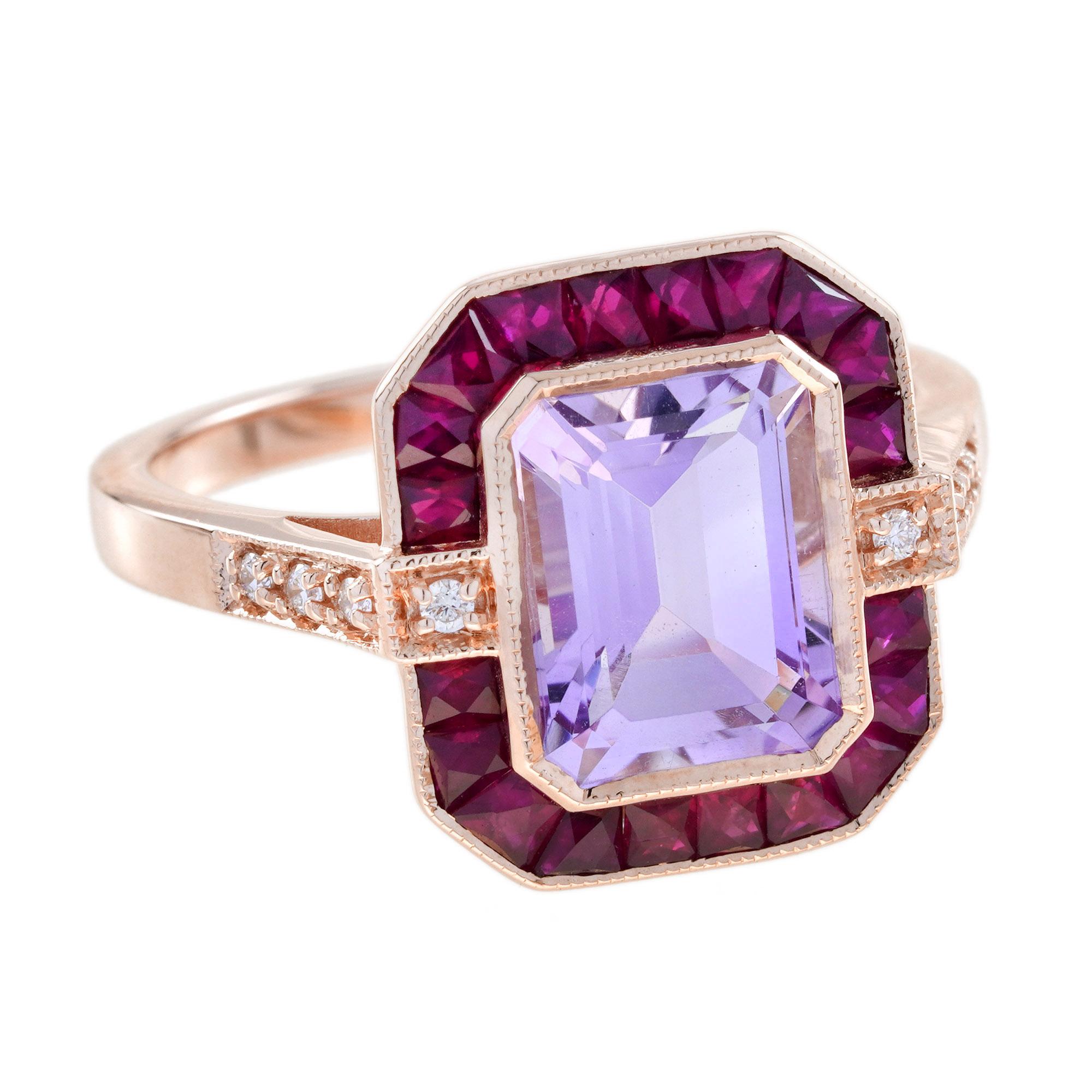 Radiate vintage charm with this Emerald Cut Pink Amethyst, Ruby, and Diamond Art Deco Style Ring. At its center shines an elegant emerald-cut pink amethyst, framed by vivid French-cut rubies that create a bold contrast. The diamond-accented
