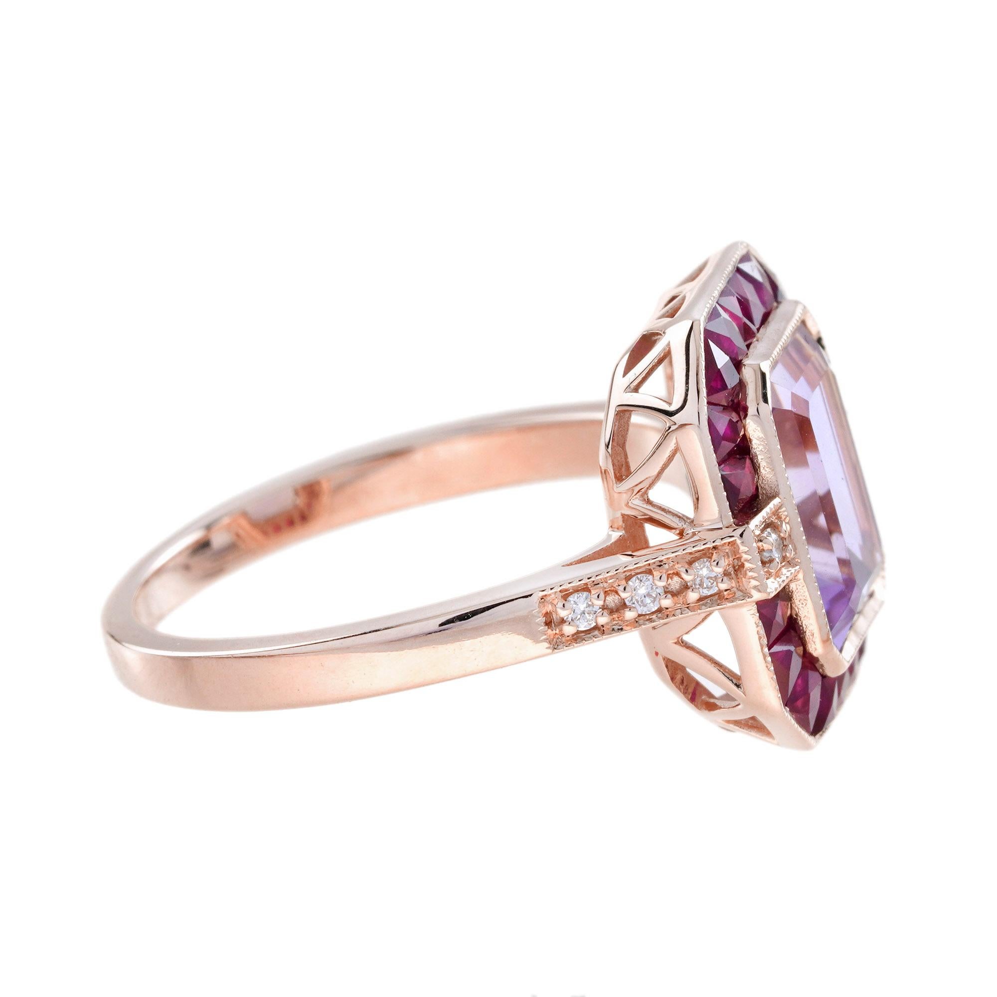 Emerald Cut Pink Amethyst Ruby Diamond  Art Deco Style Ring in 14K Rose Gold In New Condition For Sale In Bangkok, TH