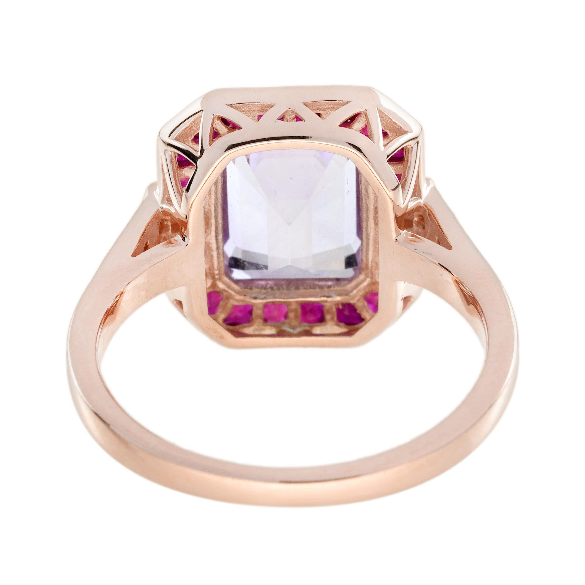 Women's Emerald Cut Pink Amethyst Ruby Diamond  Art Deco Style Ring in 14K Rose Gold For Sale