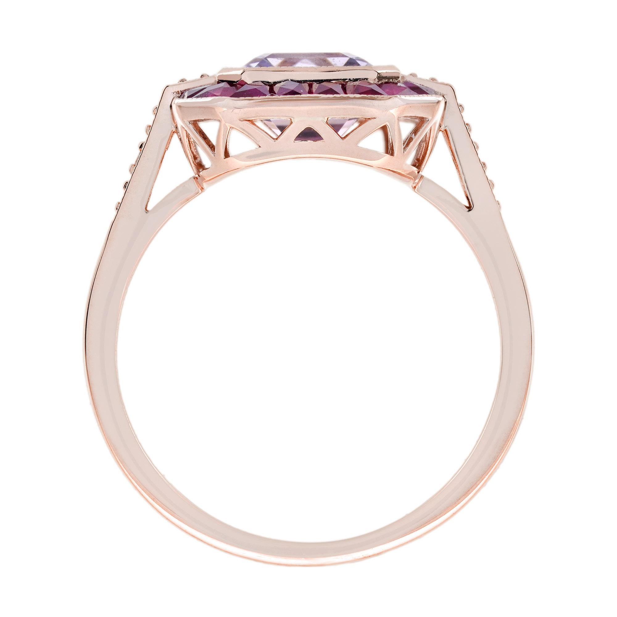 Emerald Cut Pink Amethyst Ruby Diamond  Art Deco Style Ring in 14K Rose Gold For Sale 1