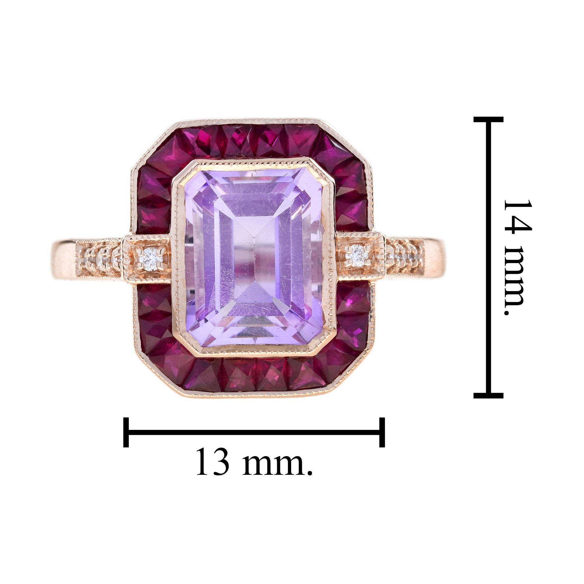Emerald Cut Pink Amethyst Ruby Diamond  Art Deco Style Ring in 14K Rose Gold For Sale 2