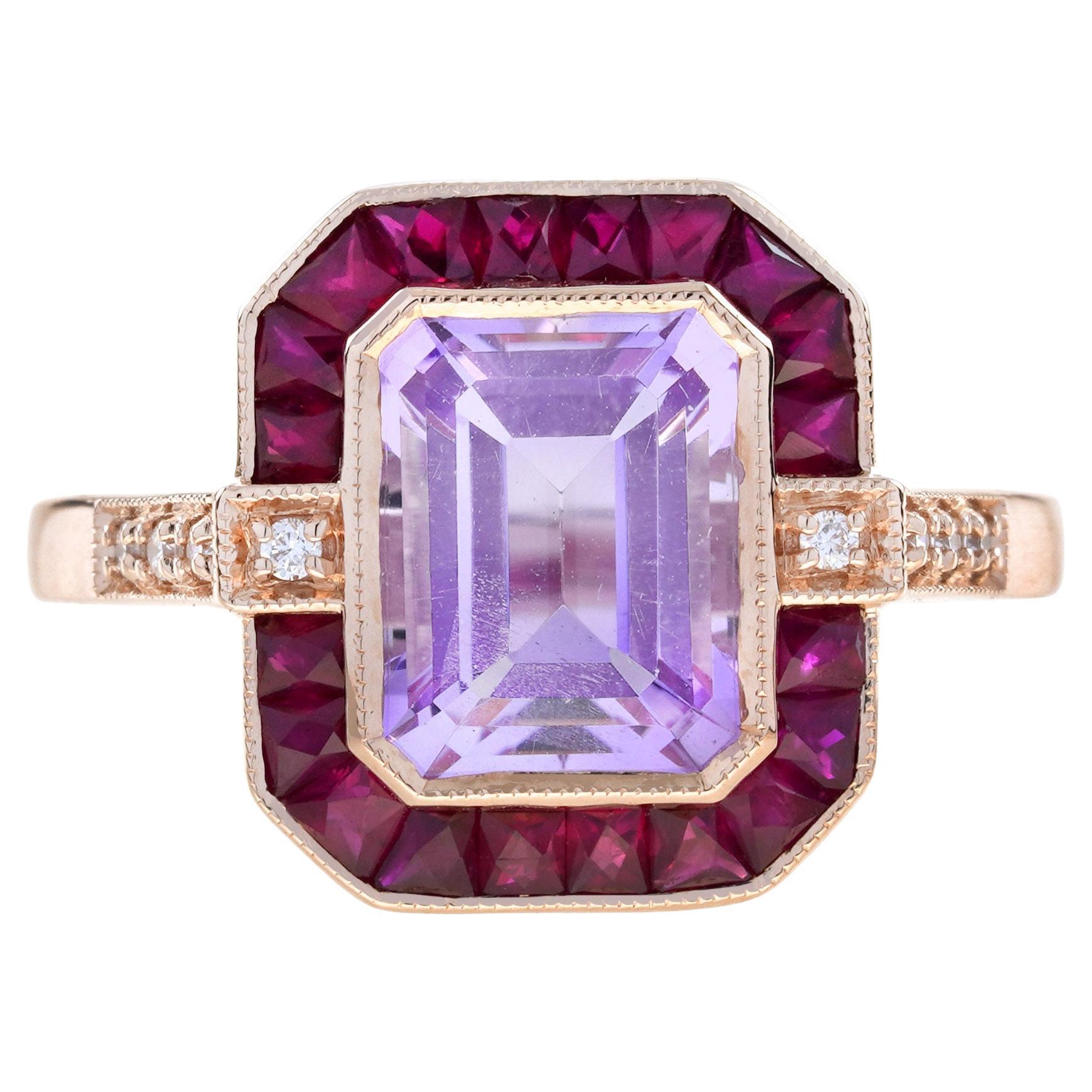 Emerald Cut Pink Amethyst Ruby Diamond  Art Deco Style Ring in 14K Rose Gold
