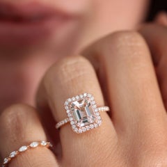 Emerald Cut Pink Morganite & Diamond Halo Dainty Engagement Ring - Naomi