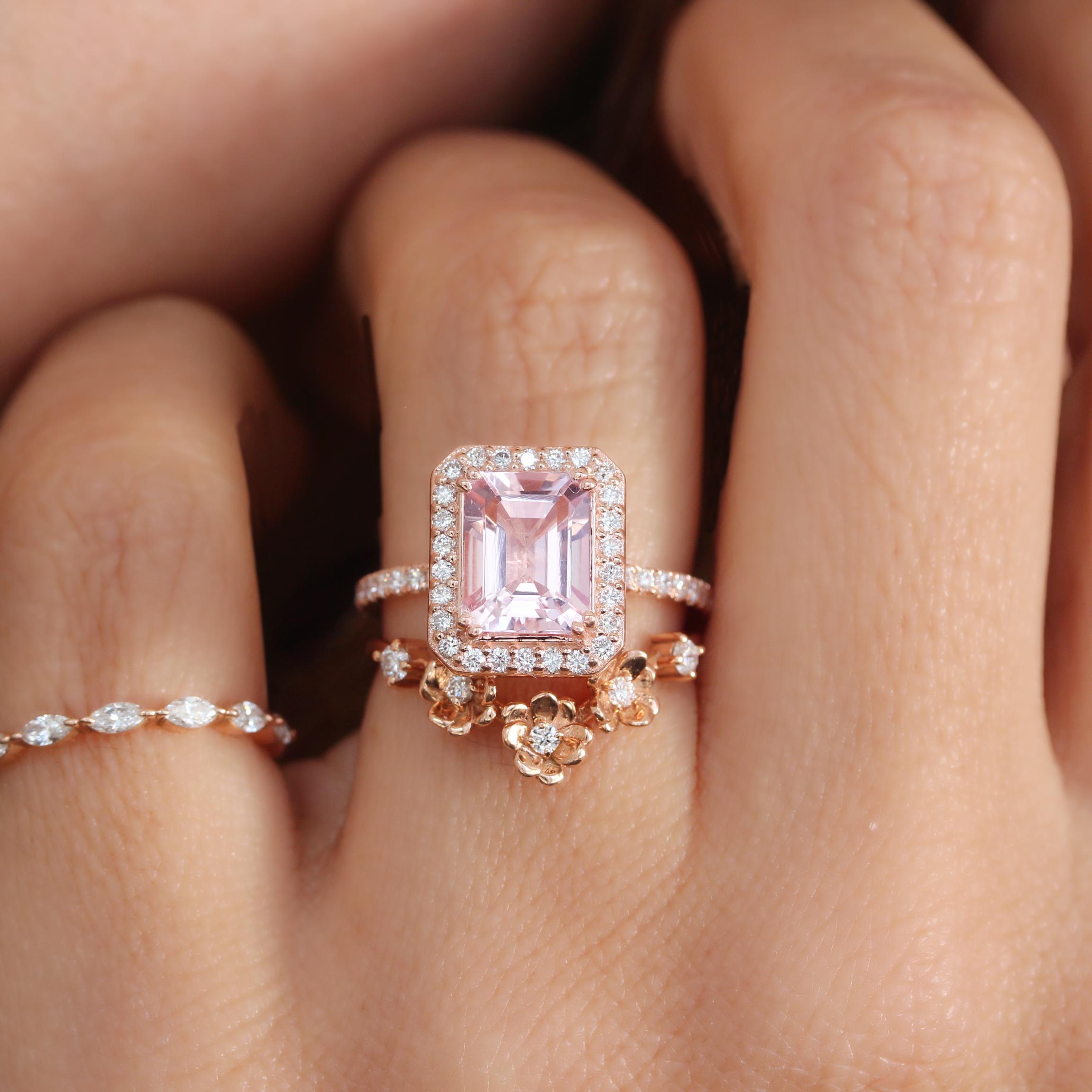 Art Deco Emerald Cut Pink Morganite & Diamond Halo Dainty Engagement Ring - Naomi For Sale