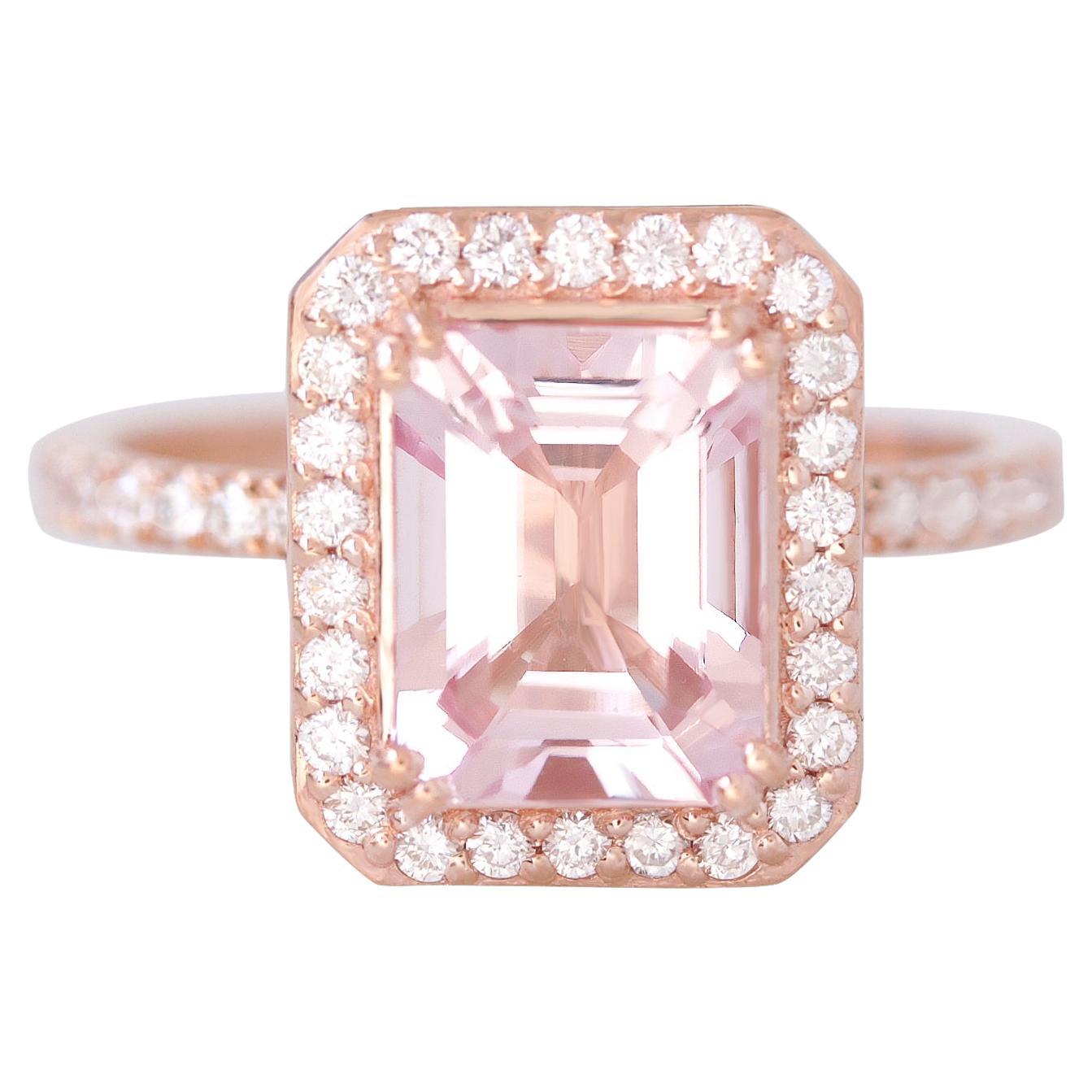 Emerald Cut Pink Morganite & Diamond Halo Dainty Engagement Ring - Naomi For Sale
