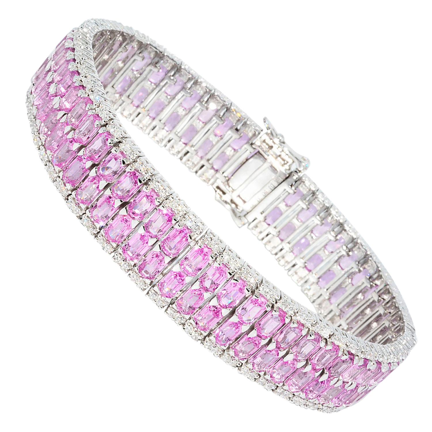 Emerald Cut Pink Sapphire and Diamond Bracelet 18 Karat White Gold