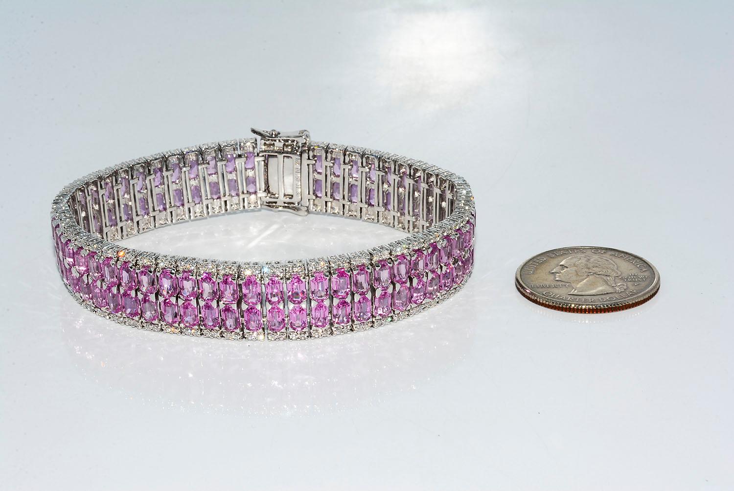 Emerald Cut Pink Sapphire and Diamond Bracelet 18 Karat White Gold 2