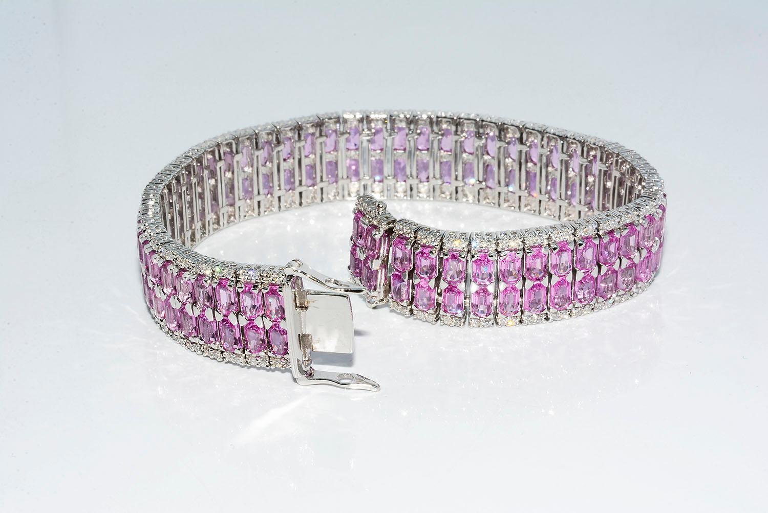 Modern Emerald Cut Pink Sapphire and Diamond Bracelet 18 Karat White Gold