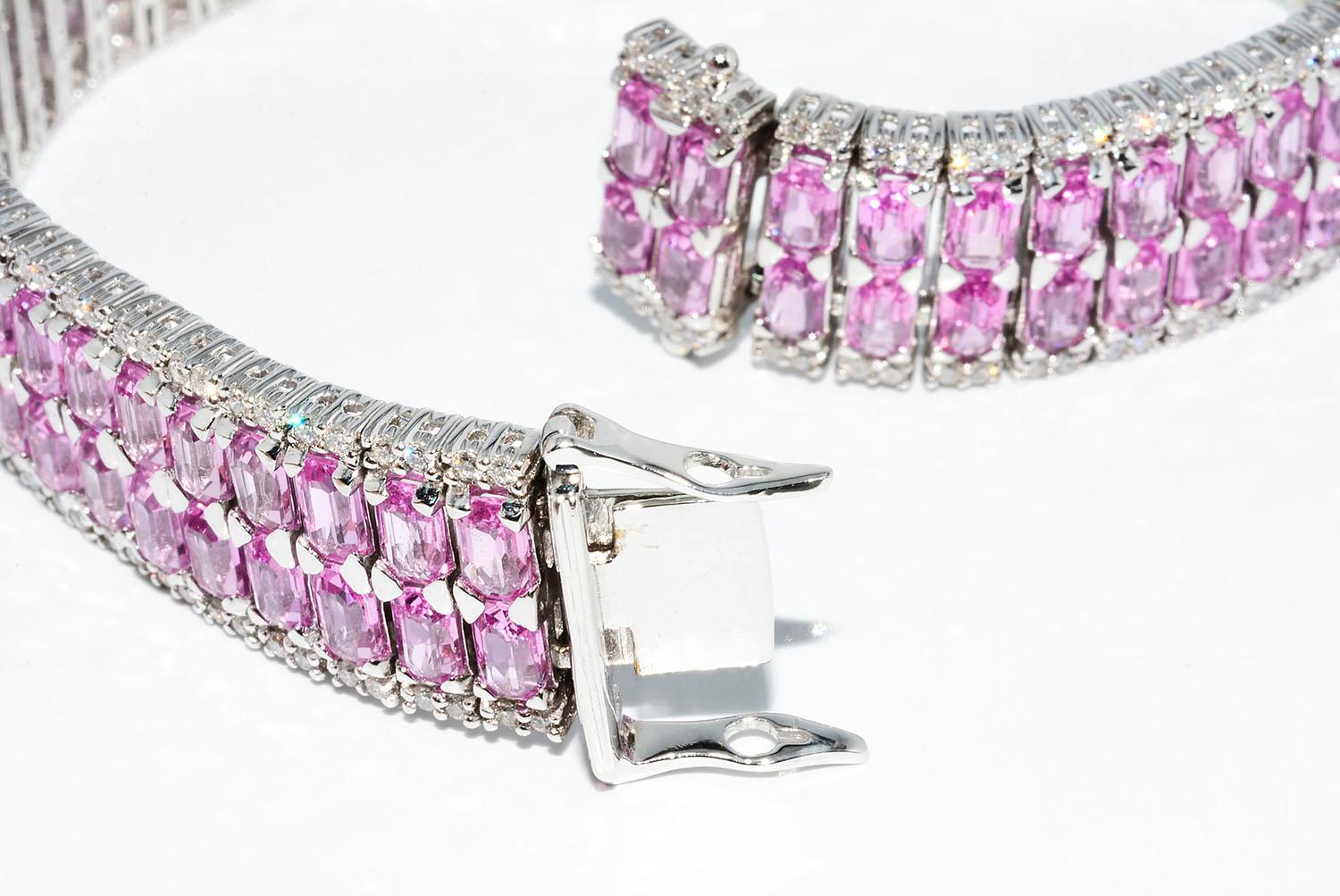 Emerald Cut Pink Sapphire and Diamond Bracelet 18 Karat White Gold In New Condition In New York, NY