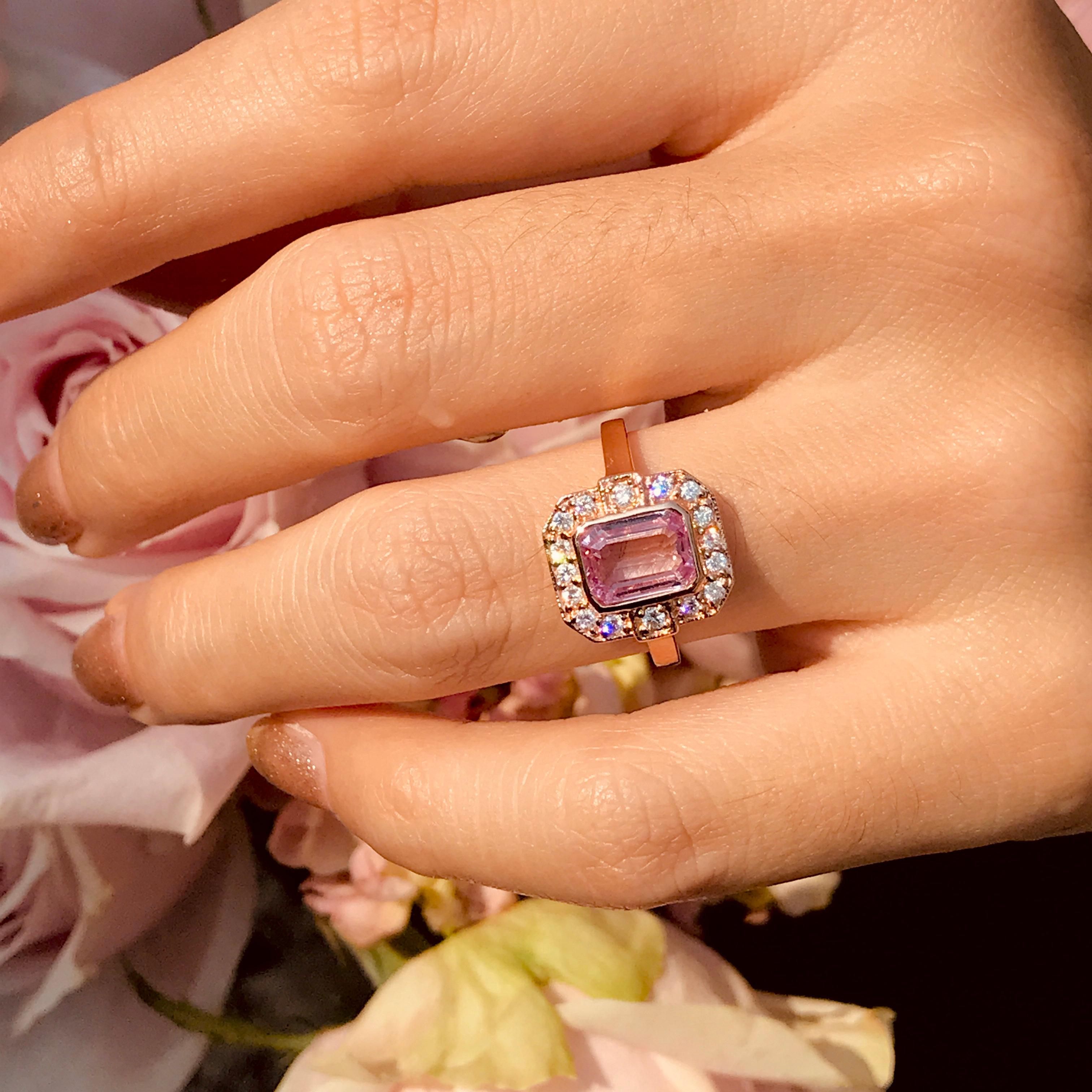 Emerald Cut Pink Sapphire and Diamond Engagement Ring in 18K Rose Gold For Sale 5