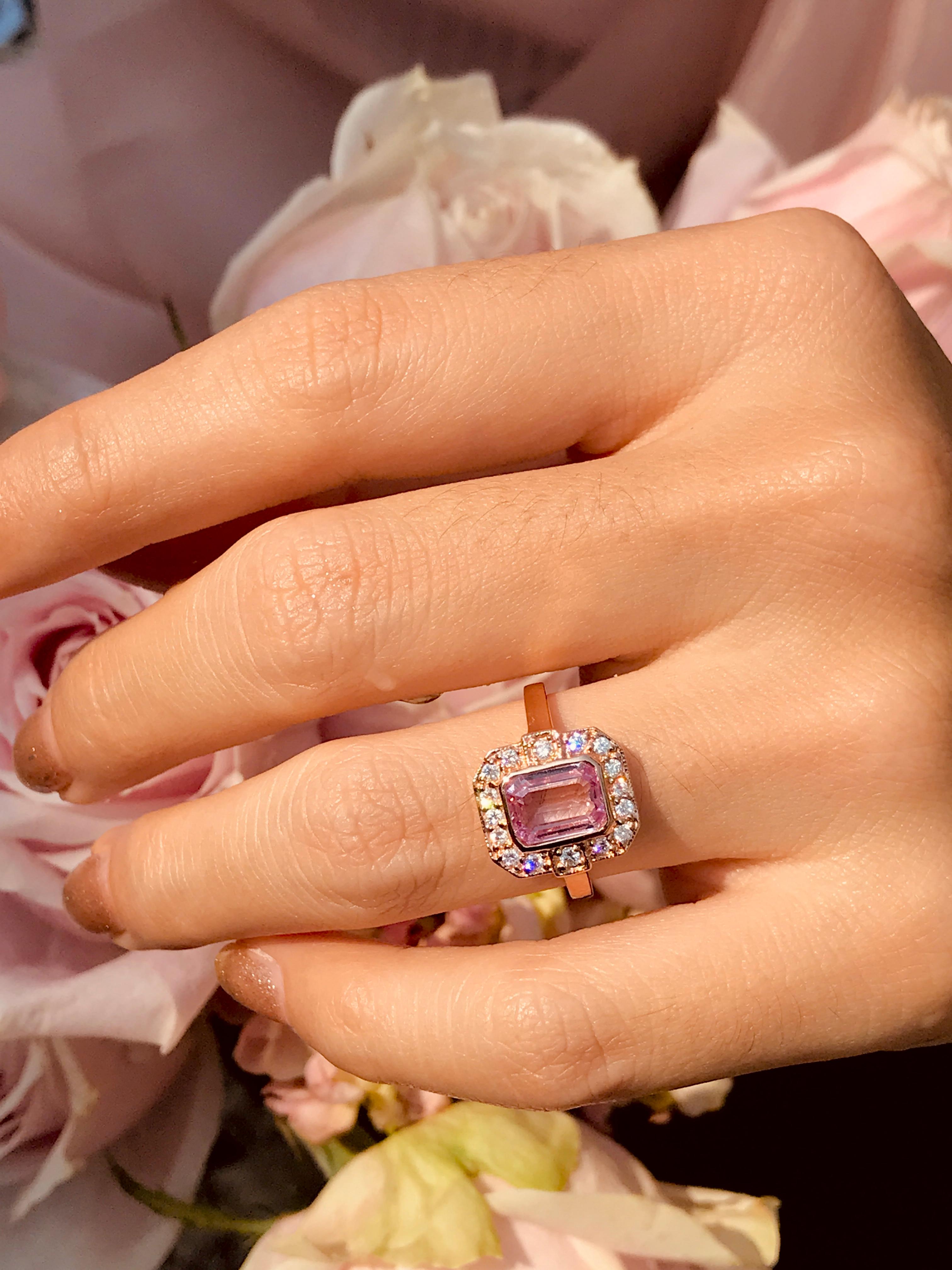 Art Deco Emerald Cut Pink Sapphire and Diamond Engagement Ring in 18K Rose Gold For Sale