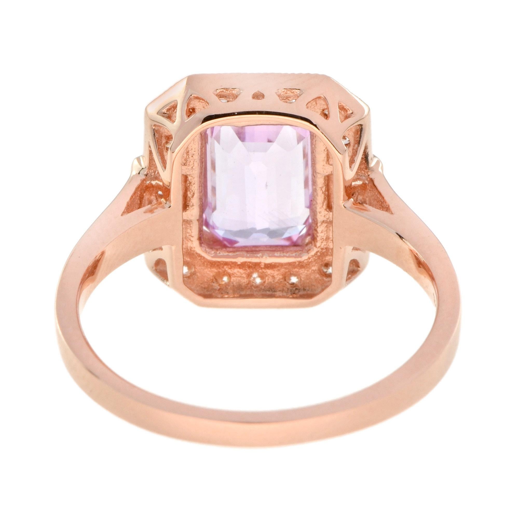 Emerald Cut Pink Sapphire and Diamond Engagement Ring in 18K Rose Gold For Sale 1