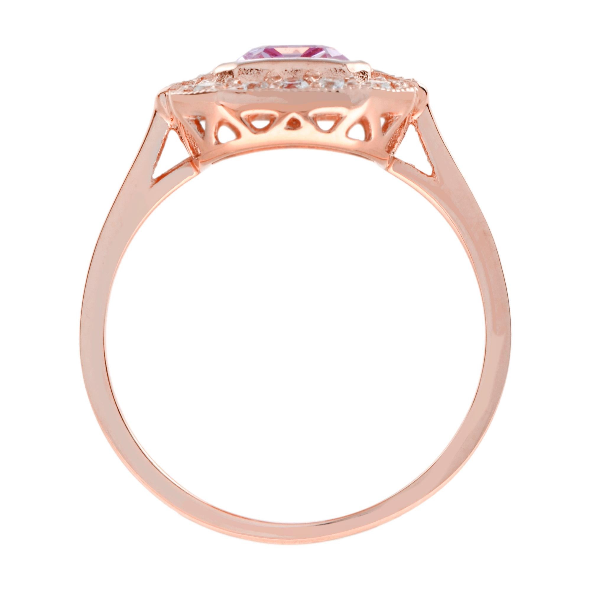 Emerald Cut Pink Sapphire and Diamond Engagement Ring in 18K Rose Gold For Sale 2