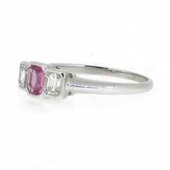 Emerald Cut Pink Sapphire and Diamond Three-Stone Ring 18 Karat White Gold