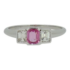 Emerald Cut Pink Sapphire and Diamond Three-Stone Ring 18 Karat White Gold