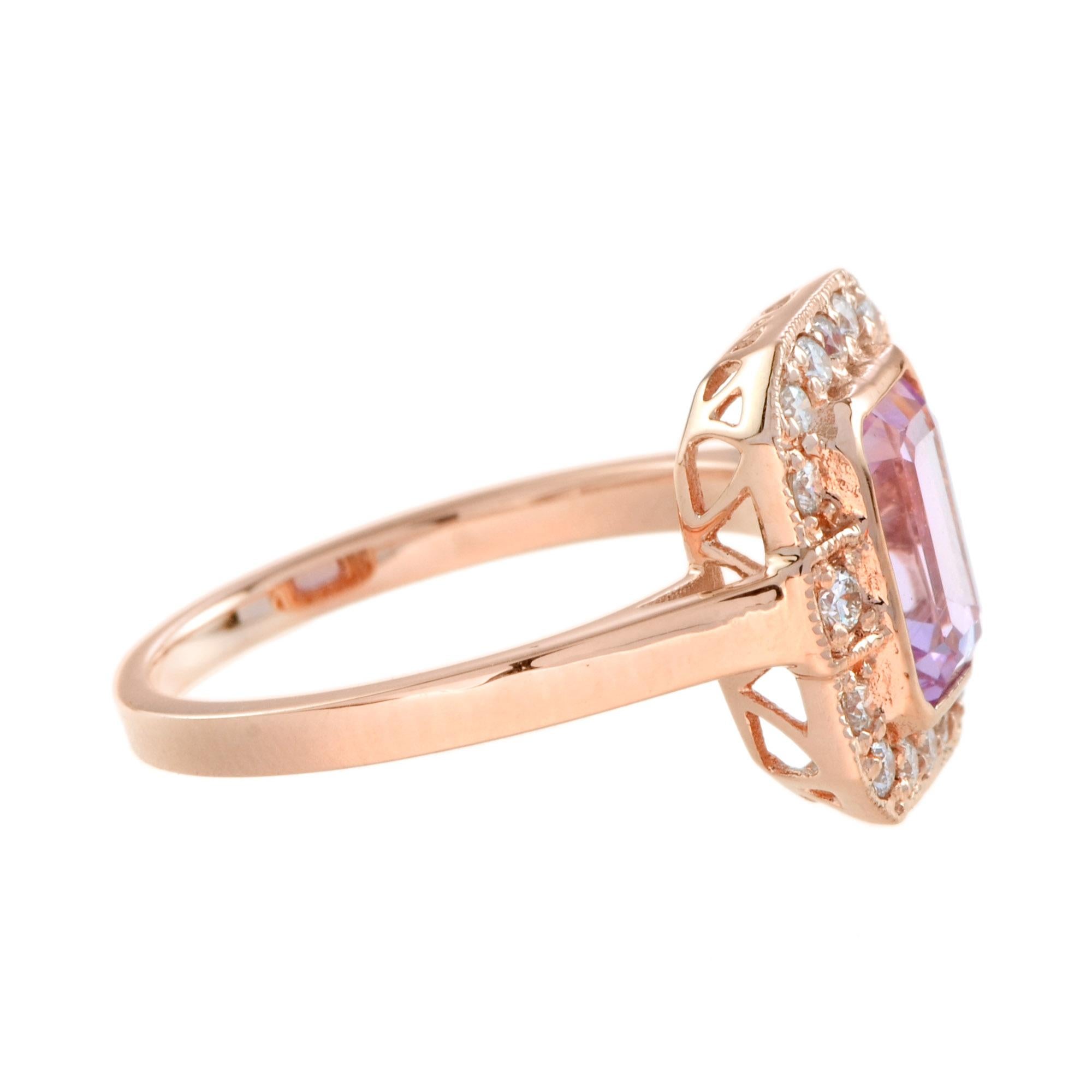 Art Deco Emerald Cut Pink Sapphire & Diamond Halo Set Engagement 14K Rose Gold Ring For Sale