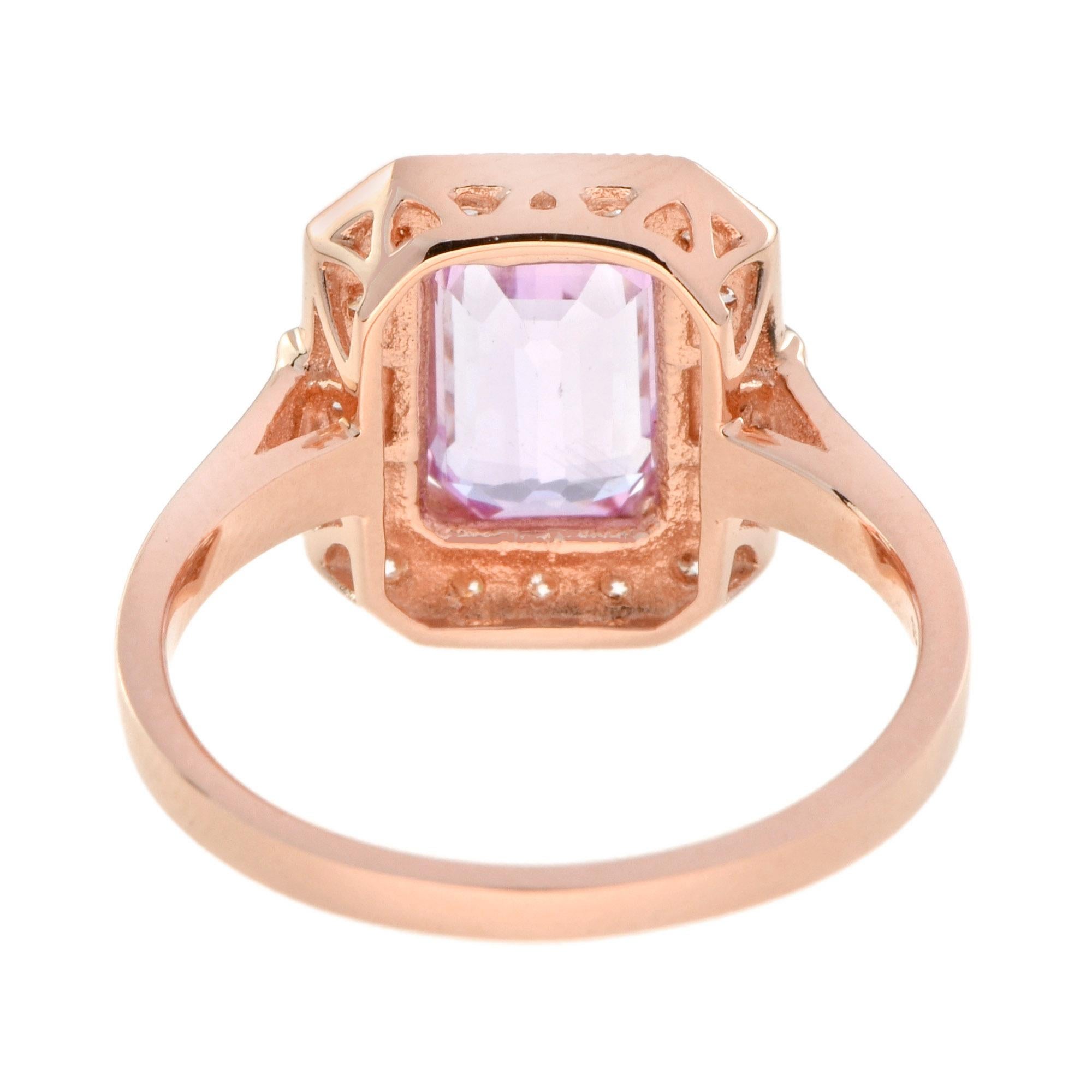 Emerald Cut Pink Sapphire & Diamond Halo Set Engagement 14K Rose Gold Ring In New Condition For Sale In Oakton, VA