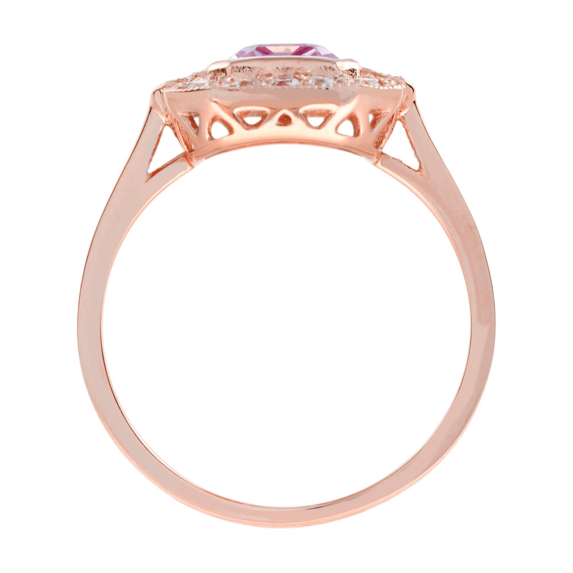 Women's Emerald Cut Pink Sapphire & Diamond Halo Set Engagement 14K Rose Gold Ring For Sale