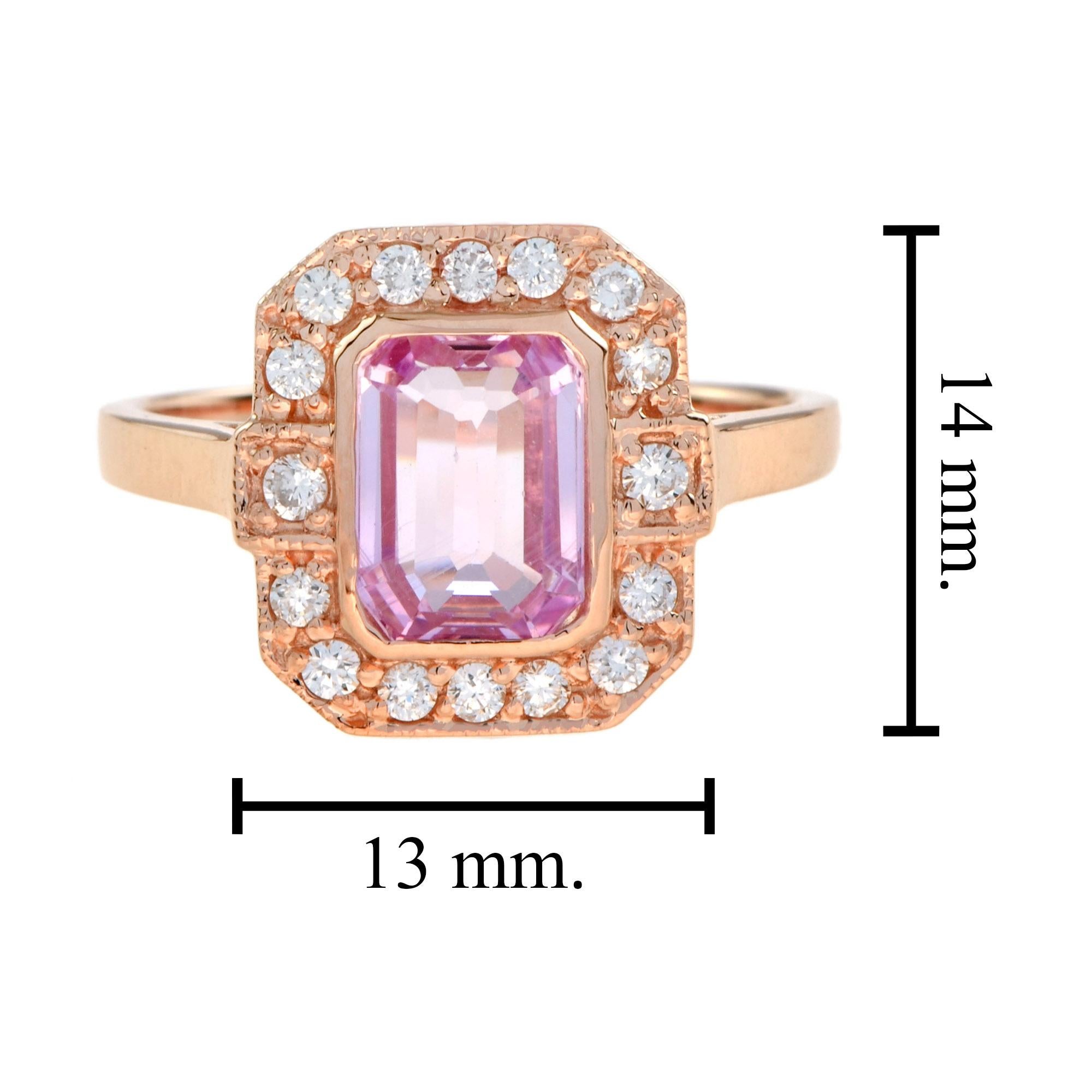Emerald Cut Pink Sapphire & Diamond Halo Set Engagement 14K Rose Gold Ring For Sale 1