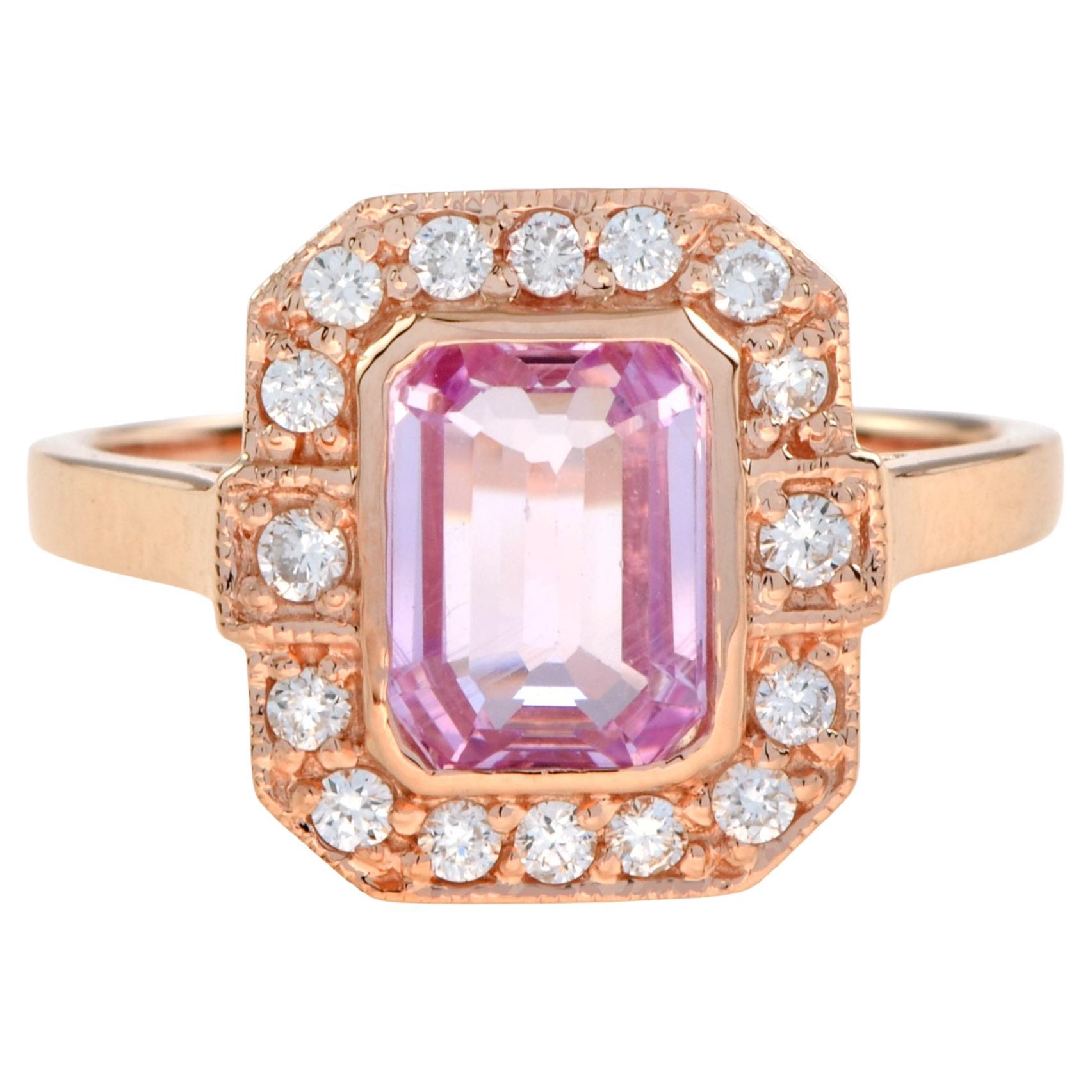 Emerald Cut Pink Sapphire & Diamond Halo Set Engagement 14K Rose Gold Ring