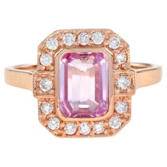 Emerald Cut Pink Sapphire & Diamond Halo Set Engagement 14K Rose Gold Ring