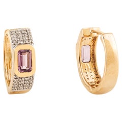 Emerald-Cut Pink Sapphire 
Diamond Huggie Hoop Earrings in 18K Yellow Gold