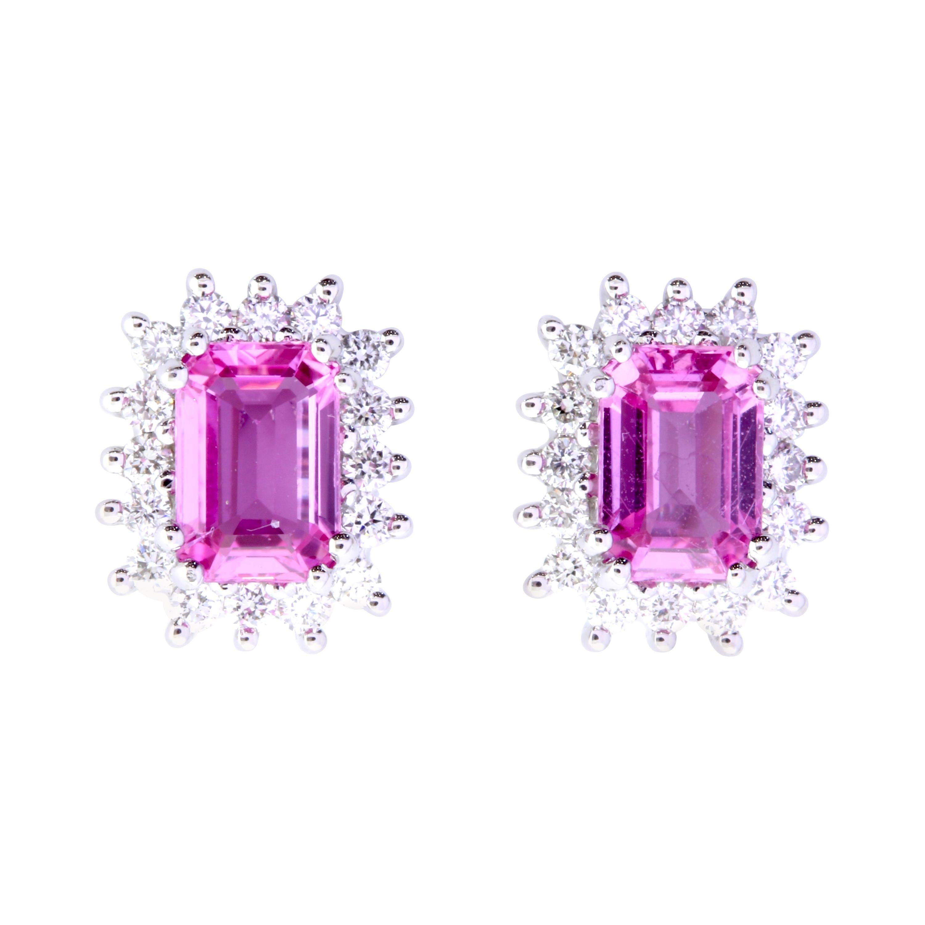 Emerald Cut Pink Sapphire Stud Earrings with Diamond Halo