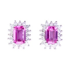 Emerald Cut Pink Sapphire Stud Earrings with Diamond Halo