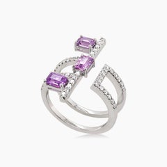 Emerald Cut Pink Sapphire & White Diamond 18K White Gold Ring