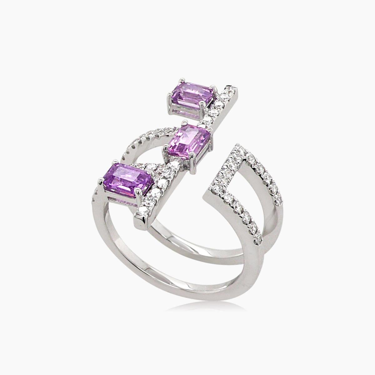 Emerald Cut Pink Sapphire & White Diamond 18K White Gold Ring In New Condition For Sale In Oakton, VA