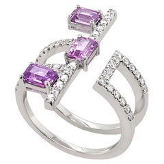 Emerald Cut Pink Sapphire & White Diamond 18K White Gold Ring