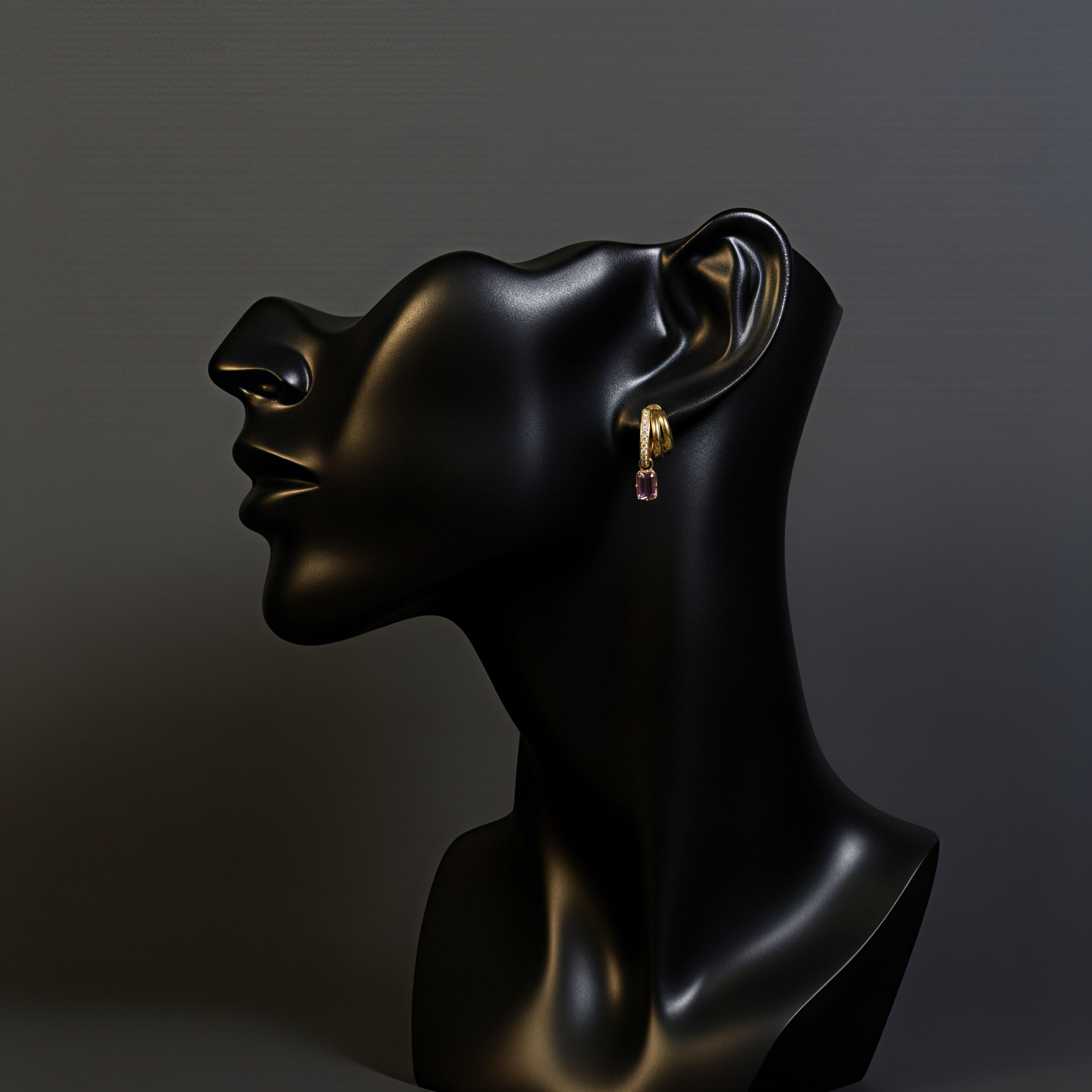 Moderne Boucles d'oreilles pendantes en or jaune 14K (18Kupon request) avec tourmaline rose taillée en émeraude en vente