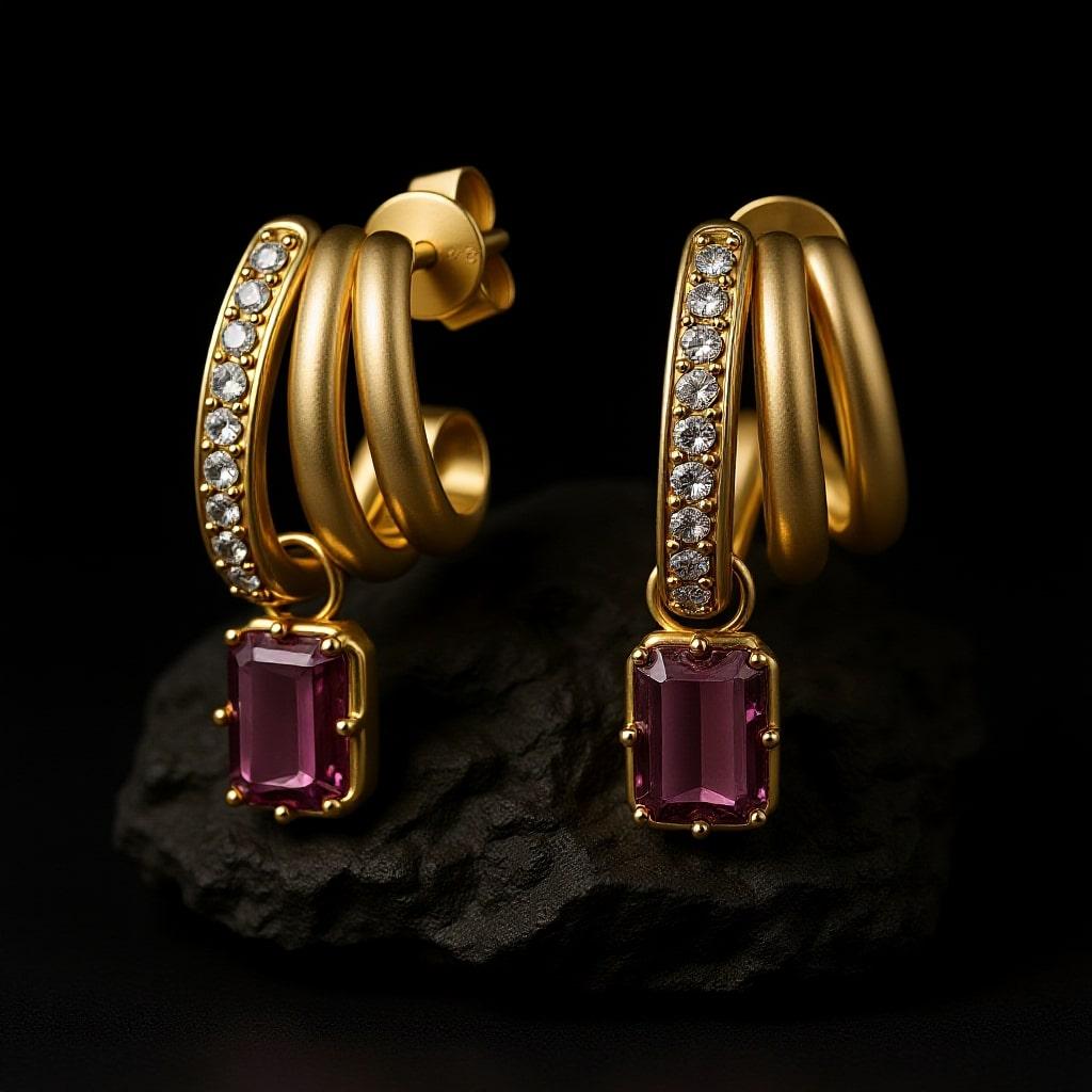 Taille émeraude Boucles d'oreilles pendantes en or jaune 14K (18Kupon request) avec tourmaline rose taillée en émeraude en vente