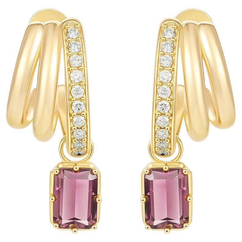 Boucles d
oreilles pendantes en or jaune 14K (18Kupon request) avec tourmaline rose taillée en émeraude